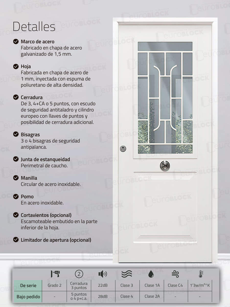 Puerta Galvanizada Metálica Clas-CR-Reja | 1110 Saga 100 Cristal Blanca (Cara Interior Lisa)